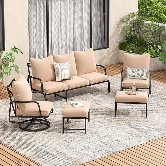 Soohow Patio Furniture Set, 5 Piece Outdoor Patio Furniture Set, 2 x Outdoor Swivel Chair, 1 x 3-Seats Sofa and 2 x Ottoman, Metal Conversation Set for Porch, Balcony, and Backyard
