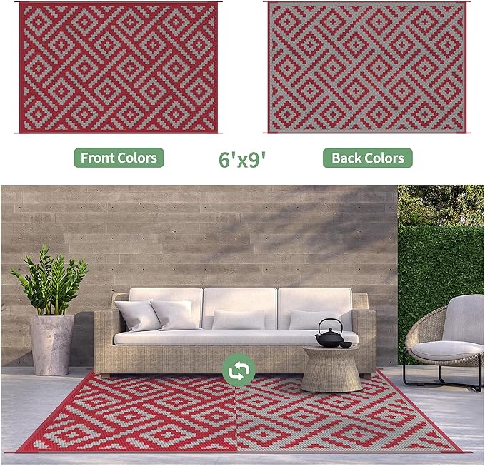 GENIMO Outdoor Rug for Patio Clearance, 6'x9' Reversible Plastic Straw Rugs, Lightweight Waterproof RV Camping Mat for Camper, Balcony, Deck, Backyard, Picnic, Red Grey