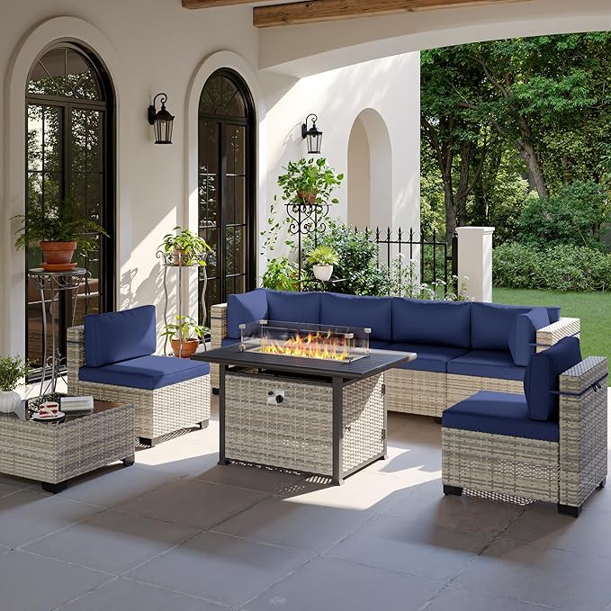 8-Piece Modern Patio Furniture Set with 55,000 BTU Fire Pit Table, Thick Cushions, Dual-Strand Wicker Rattan, Rust-Resistant Frame, Navy Blue