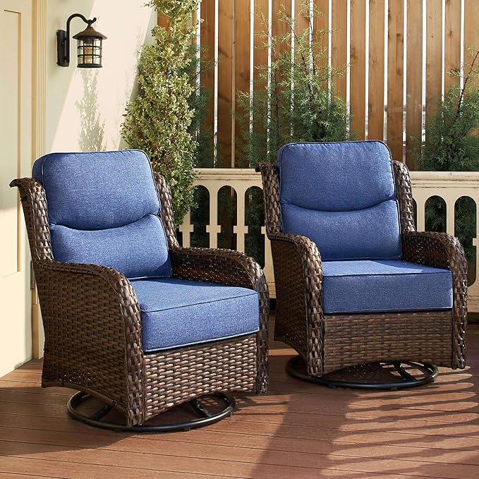 HILLGA Luxury Patio Furniture Set with 6-Inch Thick Cushions, High Back Outdoor Swivel Rocker Chairs, 2-Piece All Weather Conversation Set for Porch Deck Balcony Yard, Blue (V3)