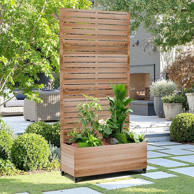 15.7"×70.9"×35.4" Metal Raised Garden Bed with Trellis and Wheels - Tall Trellis Planter Box for Climbing Plants, Vegetables & Vines - Outdoor Privacy Planters for Patio (Cut Oak Grain)