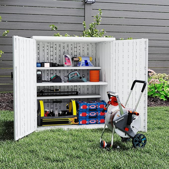 Outdoor Storage Cabinet with 2 Shelves, Waterproof Resin Vertical Tool Shed, Lockable 15 cu. ft. Storage Shed for Patio, Garden, Yard, Dark White