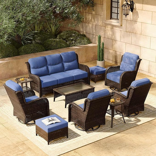 HILLGA Luxury Patio Furniture Set with 6-inch Thick Cushion, Outdoor Couch and High Back Swivel Rocker Patio Chairs, 10PCS Wicker Conversation Set for Deck Yard and Poolside, Blue (V2)