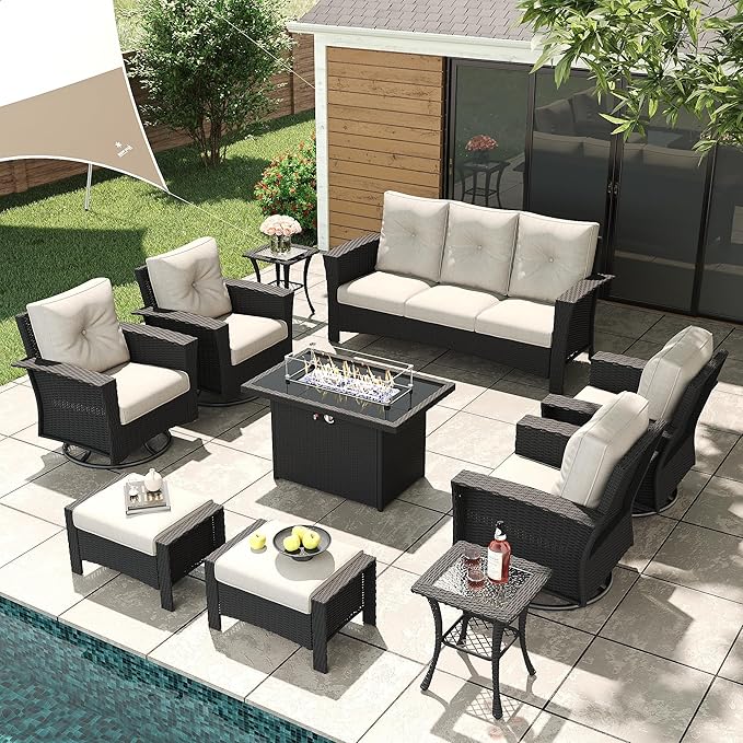 LayinSun 10 Piece Wicker Patio Furniture Set with Fire Pit Table, Classis Outdoor Conversation 360 Degree Swivel Chairs Set with Coffee Table