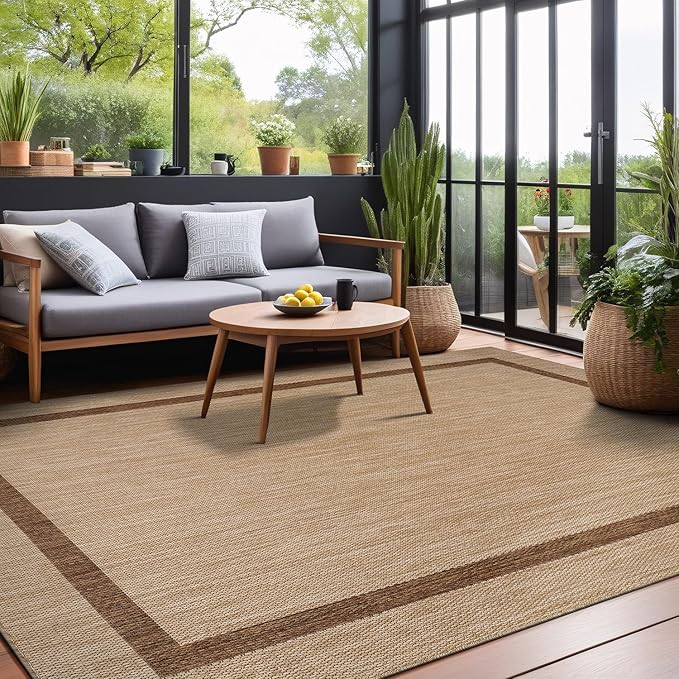 Bordered Outdoor Rug 8x10 Washable Outside Carpet for Indoor Patio Porch Waterproof Easy Cleaning Non Shedding Area Rugs Jute Beige - Nut Brown 8 x 10