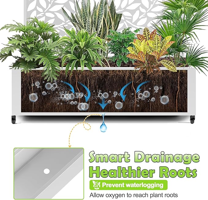 15.7"×70.9"×47.2" Metal Raised Garden Bed with Trellis and Wheels - Tall Trellis Planter Box for Climbing Plants, Vegetables & Vines - Outdoor Privacy Planters for Patio (White)