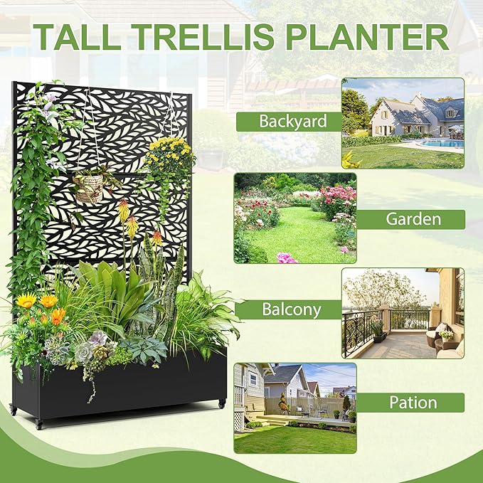 Raised Garden Bed with Trellis and Wheels,73"x47"x16" Metal Raised Garden Bed,Black Flowing Leaf Metal Planter with Climbing Trellis for Vines & Vegetables