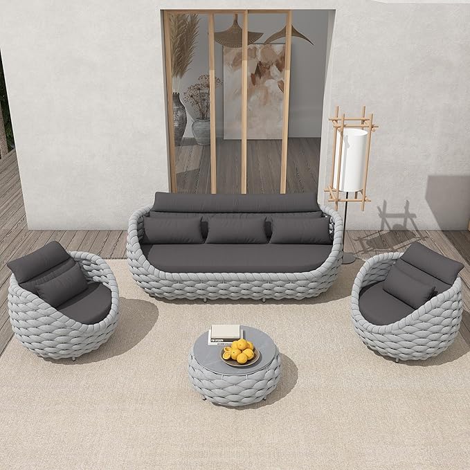 TWT Aluminum Patio Furniture Set Three Seater Sofa Outdoor Furniture Set w/Coffee Table,Patio Conversation Set with Hand Woven Polyester Rope for Bedroom Backyard Poolside, Grey