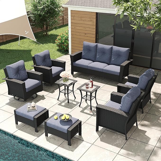 LayinSun 9 Piece Wicker Patio Furniture Set, Classis Outdoor Conversation 360 Degree Swivel Chairs Set with Coffee Table