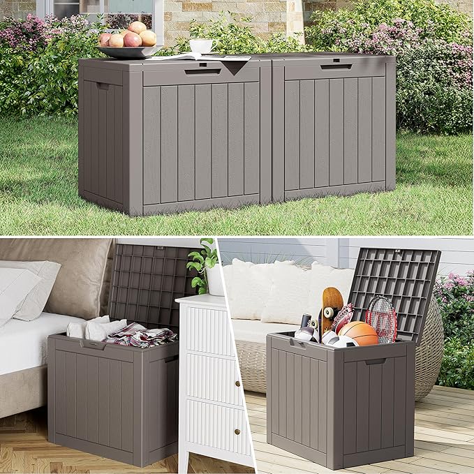 NUNU LAB 32 Gallon Resin Outdoor Storage Box 2 Pack Waterproof Deck Box for Patio Cushions, Garden Tools, Pool Accessories,Backyard Storage Bin,Grey