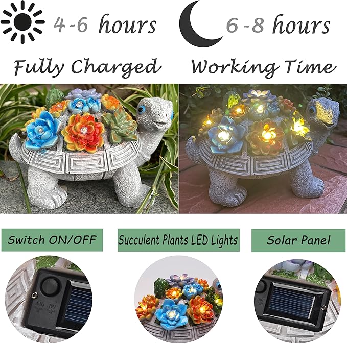 Solar Garden Outdoor Turtle Figurines with LED Lights Lawn Decor Tortoise Statue for Outside Yard Patio Front Porch Balcony Home Ornament Housewarming