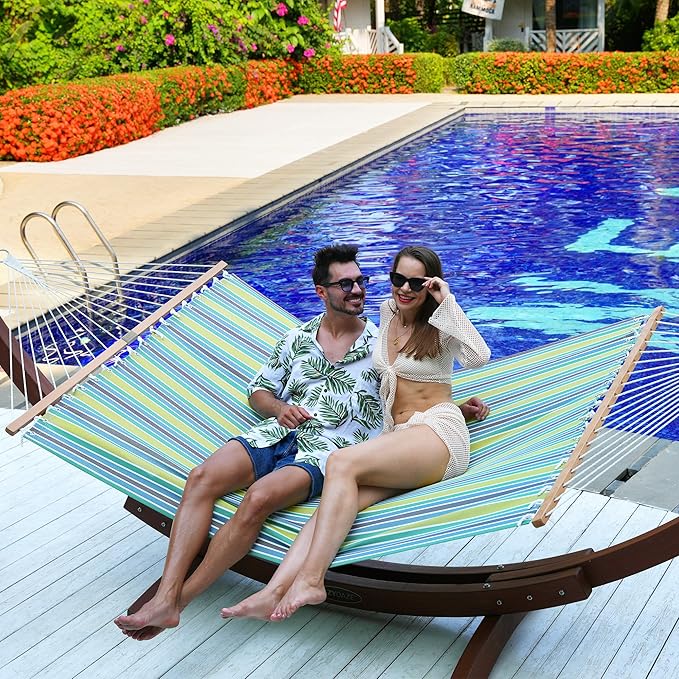 Lazy Daze Hammocks Quick Dry Hammock with Spreader Bar 2 Person Double Hammock with Chains Outdoor Outside Patio Poolside Backyard Beach 450 lbs Capacity, Blue Green Stripes