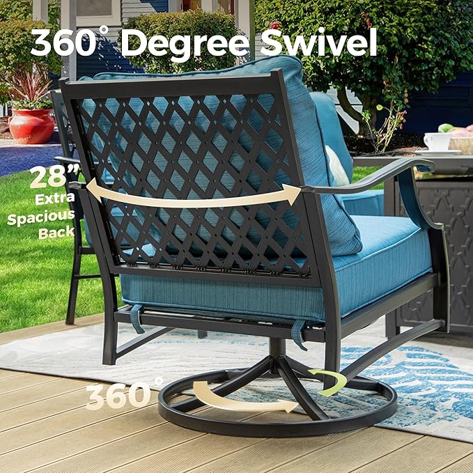 Patio Furniture Set 5 pcs, Outdoor Patio Furniture, 3-Seat Sofa, 2 Swivel Chairs, 2 Ottomans and 5.75" Extra Thick Cushion, Conversation Set for Backyard Deck,Gemstone Blue