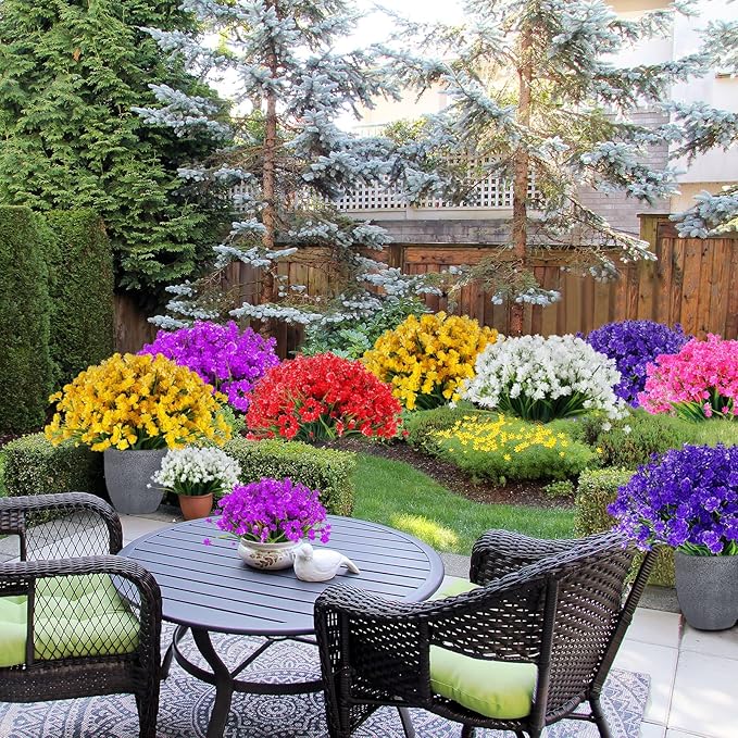 Artificial Fake Flowers, 16 Bundles Outdoor UV Resistant Greenery Shrubs Plants Indoor Outside Hanging Planter Home Garden Decorating (Yellow-Daffodil)