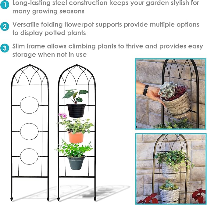 Sunnydaze Steel 2-Piece Arched Garden Trellis for Climbing Plants with 3 Folding Flowerpot Supports - 48-Inch