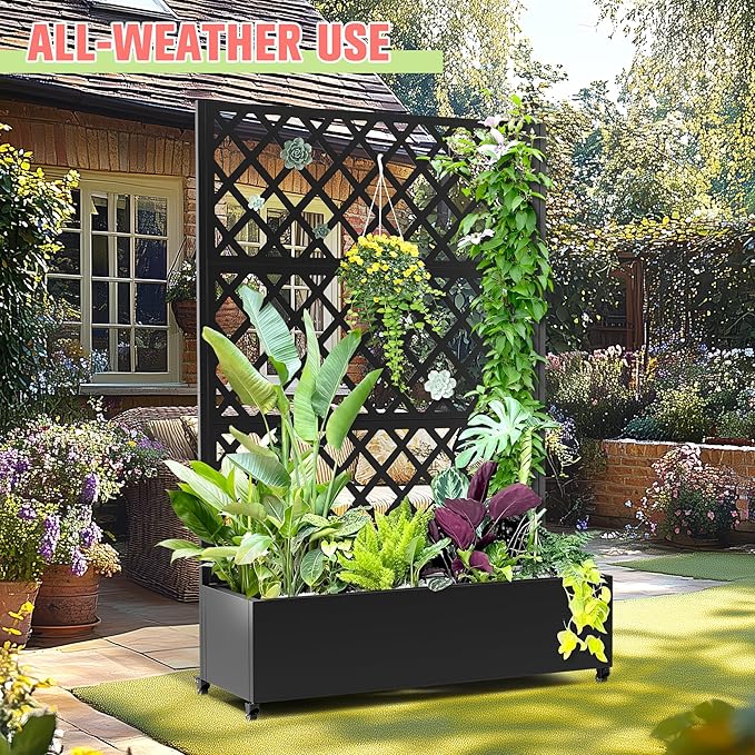 Metal Planter Box with Trellis, Raised Garder Bed with Drainage Hole, Privacy Screen & Trellis for Climbing Plants, Outdoor Plant Stands, 47''L×17''W×73''H, Black