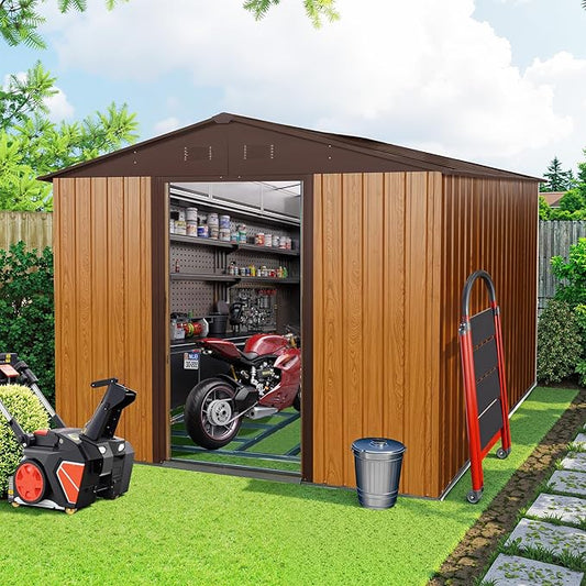 Sheds & Outdoor Storage 8ft x 10ft Iron Storage Shed with Metal Foundation Metal Garden Shed Tool Storage Cabinet with Secure Sliding Doors with Padlock for Backyard, Patio, Poolside, Coffee