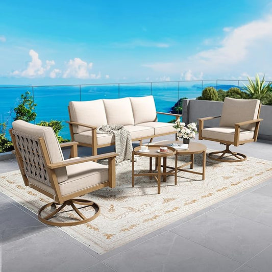 Patio Conversation Set,5 Pcs Metal Outdoor Furniture with 3-Seater Sofa,2 Swivel Chairs,Metal Nested Table and 5.75" Extra Thick Cushion for Lawn Garden Backyard,Beige