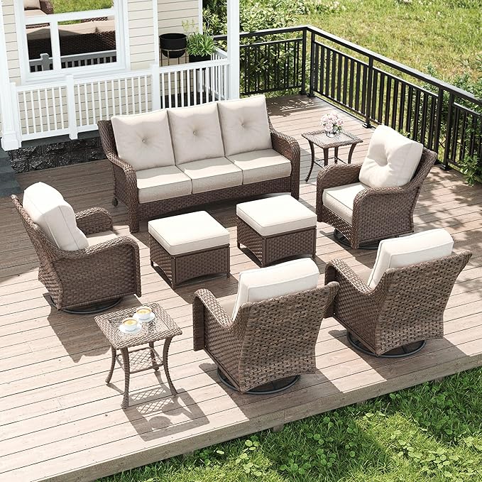 LayinSun 9 Piece Wicker Outdoor Furniture Set with 6-inch Comfy Cushions, High Back Patio Furniture Set with Swivel Rocking Chairs and Side Table