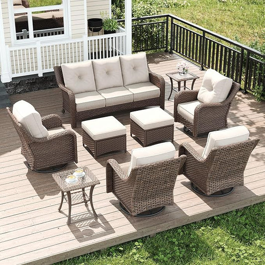 LayinSun 9 Piece Wicker Outdoor Furniture Set with 6-inch Comfy Cushions, High Back Patio Furniture Set with Swivel Rocking Chairs and Side Table