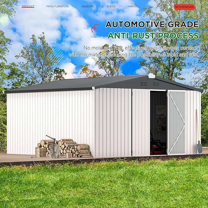 AECOJOY 12' x 12' Outdoor Storage Shed, Large Metal Sheds & Outdoor Storage Clearance Steel Yard Shed with Lockable Doors, Utility and Tool Storage Garden Shed for Backyard, Patio and Outside