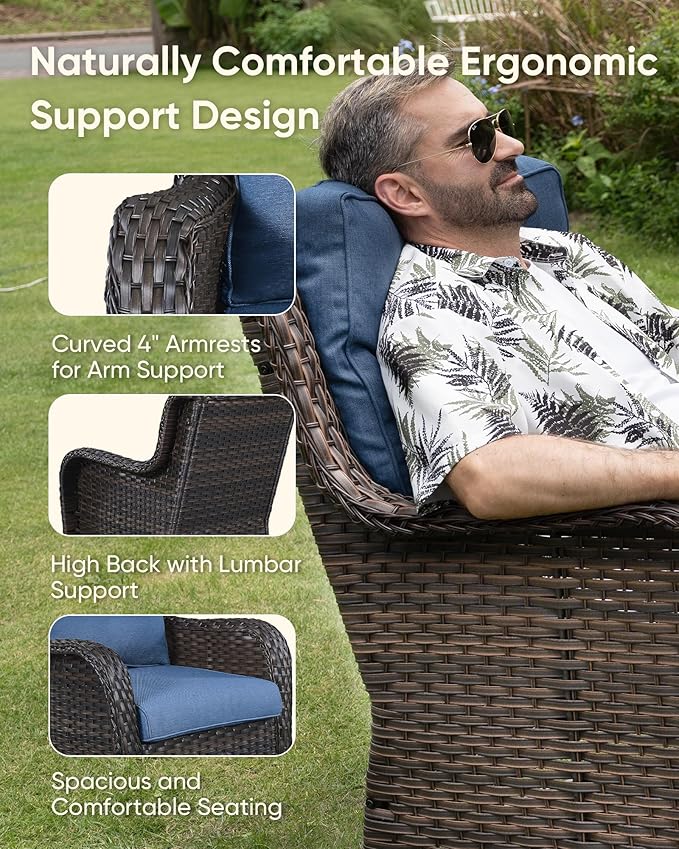 HUMMUH 6-Piece Outdoor Wicker Patio Furniture Set with Swivel Glider Chairs, Loveseat & Ottomans 5” Olefin Cushions Ergonomic Neck-Lumbar Backrest All-Weather Rattan for Garden, Deck, Porch