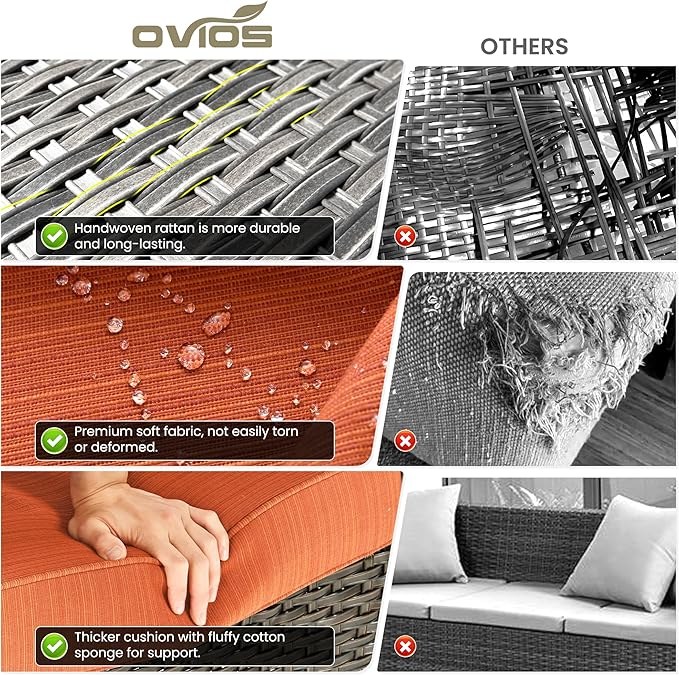 ovios 10 Pieces Patio Furniture Set, Outdoor Wicker Sofa Couch with Swivel Chairs 54" Fire Pit Table, All Weather High Back Modern Conversation Sets, Brown Rattan, Orange Red