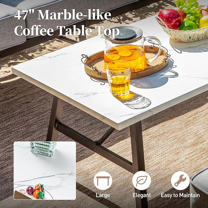 4 Piece Metal Outdoor Patio Furniture Sets, Patio Conversation Sets 1 3-seater Sofa, 2 Fixed Chair with 5.75" Extra Thick Cushion and Coffee Table, Black Frame Backyard Furniture, Gray