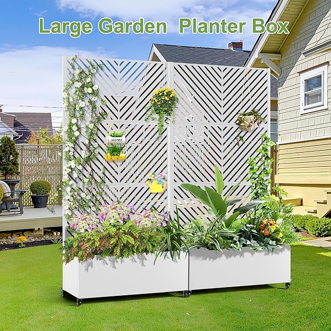 Raised Garden Bed with Trellis and Wheels,73"x35"x16" Metal Raised Garden Bed,White Parallel Metal Planter with Climbing Trellis for Vines & Vegetables