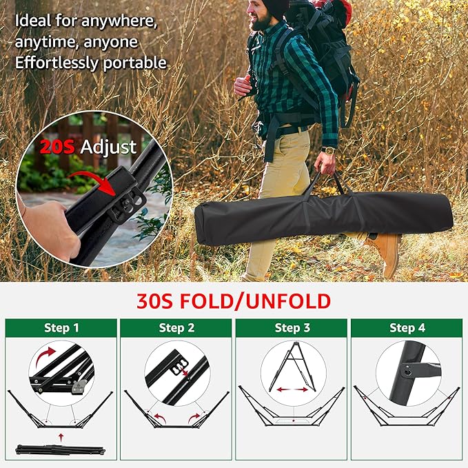 Tranquillo Unity Adjustable Hammock Stand, 800 lbs Capacity Steel Double Hammock Stand for 2 Persons, Premium Pre-Assembled Stand for Indoor Outdoor, Frame Black