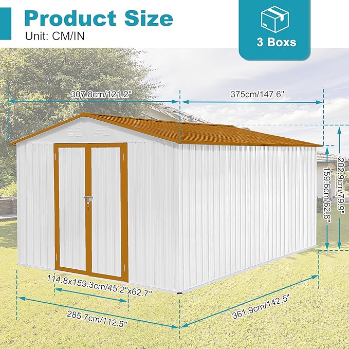 Sheds & Outdoor Storage 12 ft × 10 ft Storage Shed Large Classic Apex Roof Metal Garden Storage Sheds with Hinged Door Tool Cabinet for Backyard, Patio, Poolside, White + Yellow