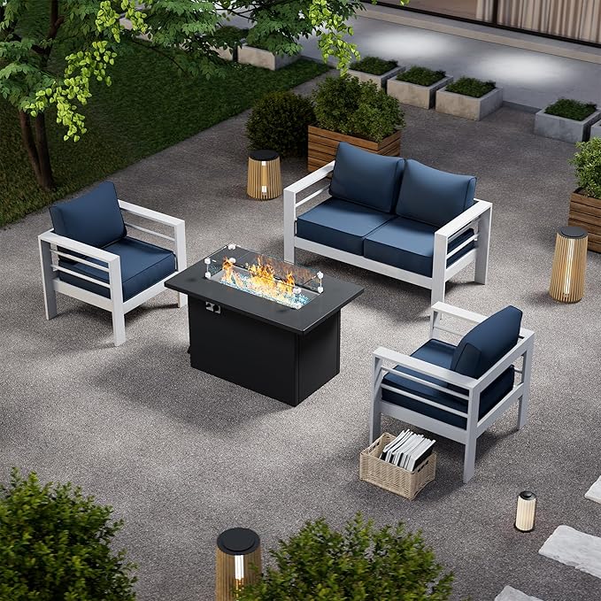 Patio Furniture Set with Fire Pit Table, Aluminum Patio Furniture Set,Blue Outdoor Metal Sectional Sofa with Aluminum Fire Pit Table for Garden Backyard (Include Waterproof Cover)