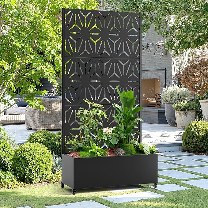 15.7"×70.9"×35.4" Metal Raised Garden Bed with Trellis and Wheels - Tall Trellis Planter Box for Climbing Plants, Vegetables & Vines - Outdoor Privacy Planters for Patio (Black-Star)