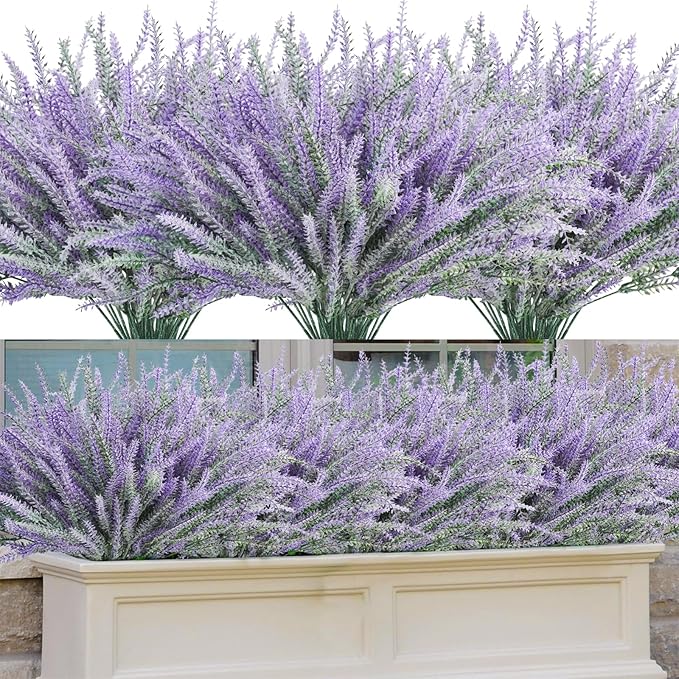 30 Bundles Artificial Lavender Outdoor, 14.5" UV Resistant Faux Plants Outdoor Greenery Stems No Fade Plastic Fake Flowers for Window Garden Office Patio Porch Decor