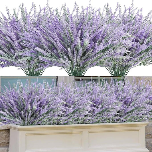 30 Bundles Artificial Lavender Outdoor, 14.5" UV Resistant Faux Plants Outdoor Greenery Stems No Fade Plastic Fake Flowers for Window Garden Office Patio Porch Decor