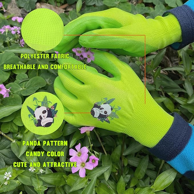 HANDLANDY 2 Pairs Kids Gardening Gloves, Toddler Children Garden Yard Work Outdoor Playing Gloves, Rubber Coating, for Girls Boys Youth (Size L, Green)