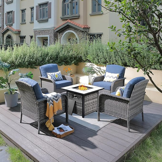 ovios 4 Pieces Patio Furniture Set with 30" Fire Pit Table, Outdoor Wicker Chairs of 4, All Weather High Back Rattan Chairs 4-Seater with Comfy Cushions, Denim Blue