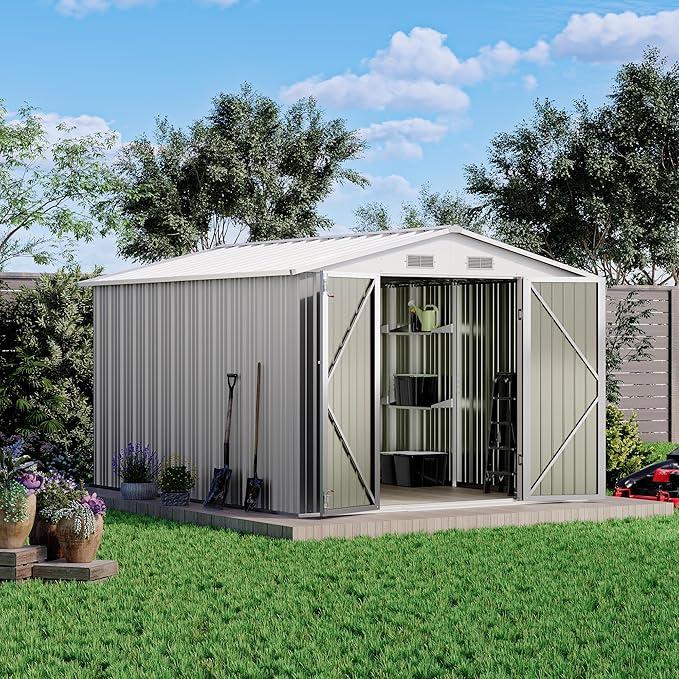 Patiowell 8x10 FT Outdoor Storage Shed with Detachable Storage Rack, Large Garden Tool Metal Shed with Sloping Roof and Double Lockable Door, Outdoor Shed for Backyard Garden Patio Lawn,Grey