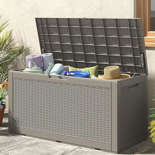NUNU LAB 101 Gallon Large Waterproof Resin Deck Box, Lockable Outdoor Storage Box with Gas Lift, Patio Cushions, Garden Tools, Pool Supplies, Indoor Outdoor Storage Container, Grey