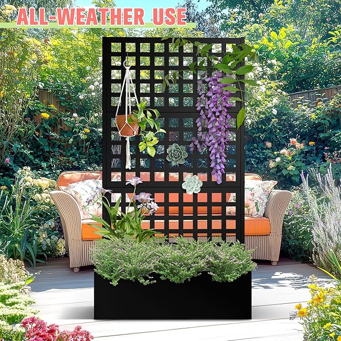 Metal Planter Box with Trellis, Raised Garder Bed with Drainage Hole, Outdoor Privacy Screen & Trellis for Climbing Plants, Plant Stands, 35''L×17''W×71''H, Black