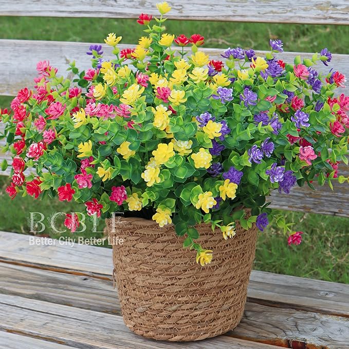 Artificial Flowers for Outdoors, 12 Bundles UV Resistant Realistic Faux Plants for Outside Porch Planter, Spring Summer Home Garden Decoration