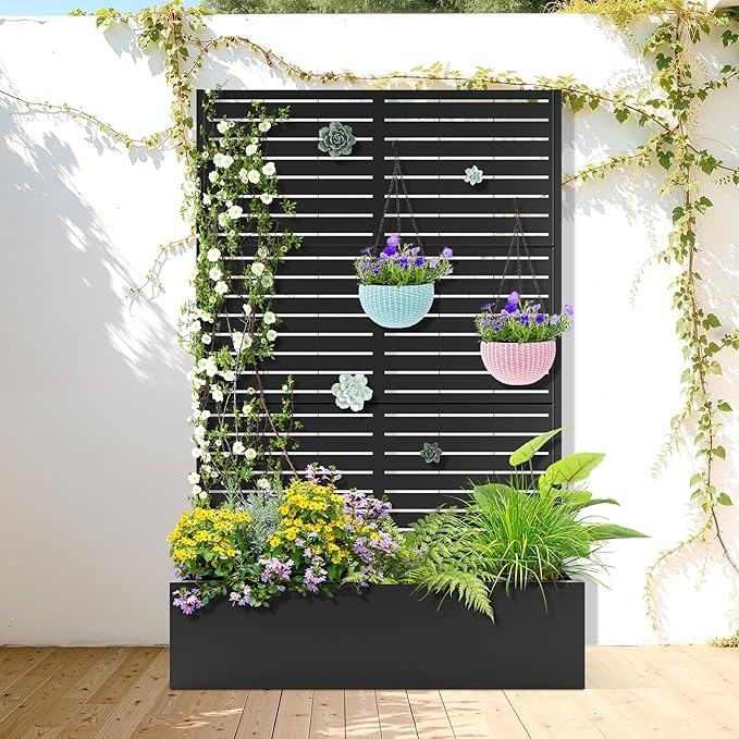 Metal Raised Garden Bed with Trellis, 2 in 1 Trellis with Planter Box & Privacy Screen for Climbing Plants, Vine, Outdoor Standing Flower Beds with Drainage Holes, 47" L x 17" W x 71" H, Black