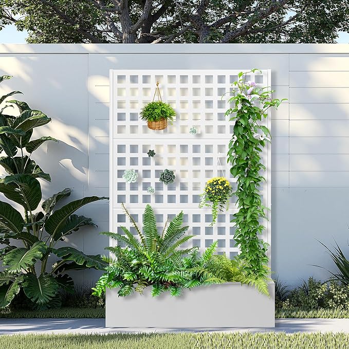 Metal Raised Garden Bed with Trellis, 2 in 1 Trellis with Planter Box & Privacy Screen for Climbing Plants, Vine, Outdoor Standing Flower Beds with Drainage Holes, 47.2"L x 16.7"W x 70.8"H, White