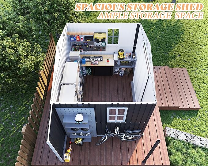 AMERLIFE 10.6x6.8x6.3 FT Galvanized Metal Storage Shed with Open Firewood Bay, Sliding Doors & Ramp, 2 Windows & Vents, Weather-Resistant Outdoor Tool/Garden Shed, Dark Gray