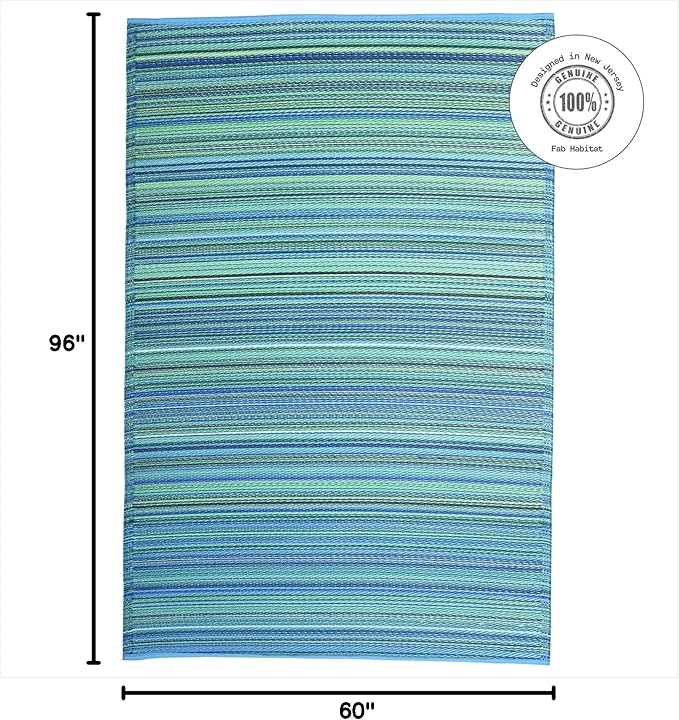 Fab Habitat Outdoor Rug - Waterproof, Fade Resistant, Crease-Free - Premium Recycled Plastic - Striped - Patio, Porch, Deck, Balcony, Sunroom - Cancun - Turquoise & Moss Green - 5 x 8 ft
