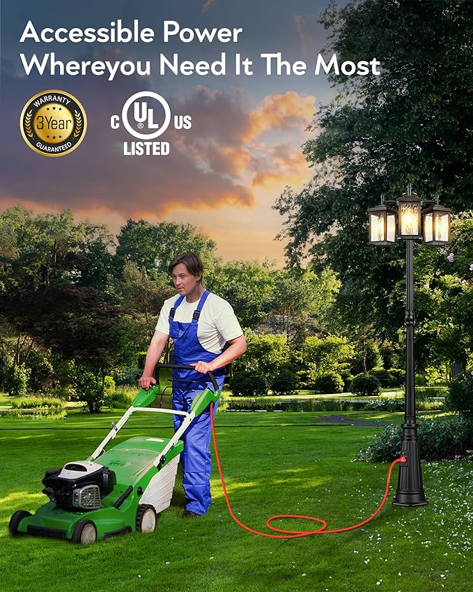 VIANIS Outdoor Lamp Post Light with Outlet, Waterproof Dusk to Dawn Lamp Posts Outdoor Lighting 3-Head, Anti-Rust Black Street Light for Garden, House, Doorway, Weather Resistant