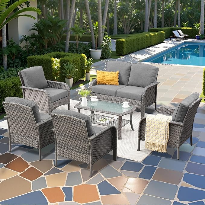 6-Piece Wicker Patio Furniture Set, All-Weather Rattan Conversation Bistro Loveseat Chair and Table Set for Backyard, Balcony and Deck with Soft Cushions and Metal Table(Dark Gray)