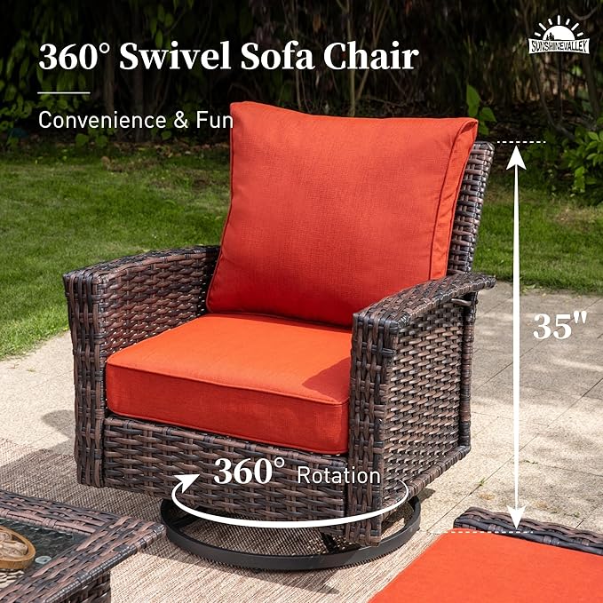 Patio Furniture Set with Swivel Chairs, High Back Wicker Rattan Furniture with 5.5" Thick Cushion and 2 Ottoman, Outdoor Conversation Set for Backyard Deck, Red