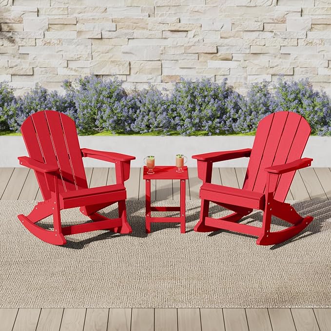 WO Home Furniture Adirondack Chair Table Set of 2 PCS Outdoor Folding Chair w Side Table Weather/UV Resistant for Lawn, Garden, Bon Fire, Balcony (Red)