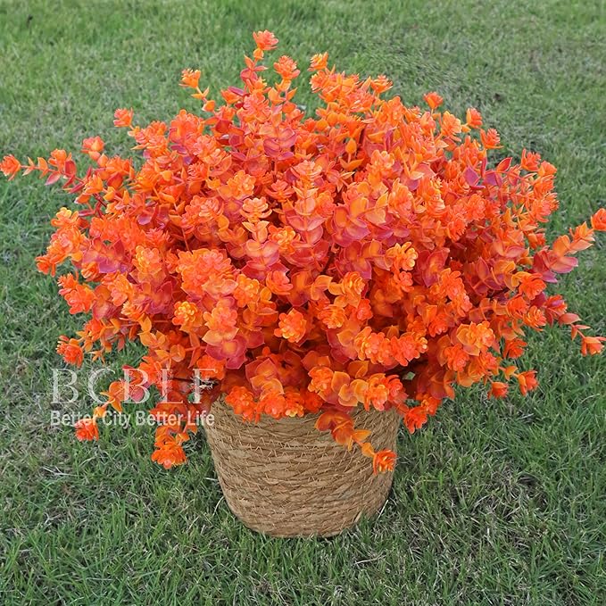 Artificial Flowers for Outdoors, 12 Bundles UV Resistant Realistic Faux Plants for Outside Porch Planter, Spring Summer Home Garden Decoration, Red Orange